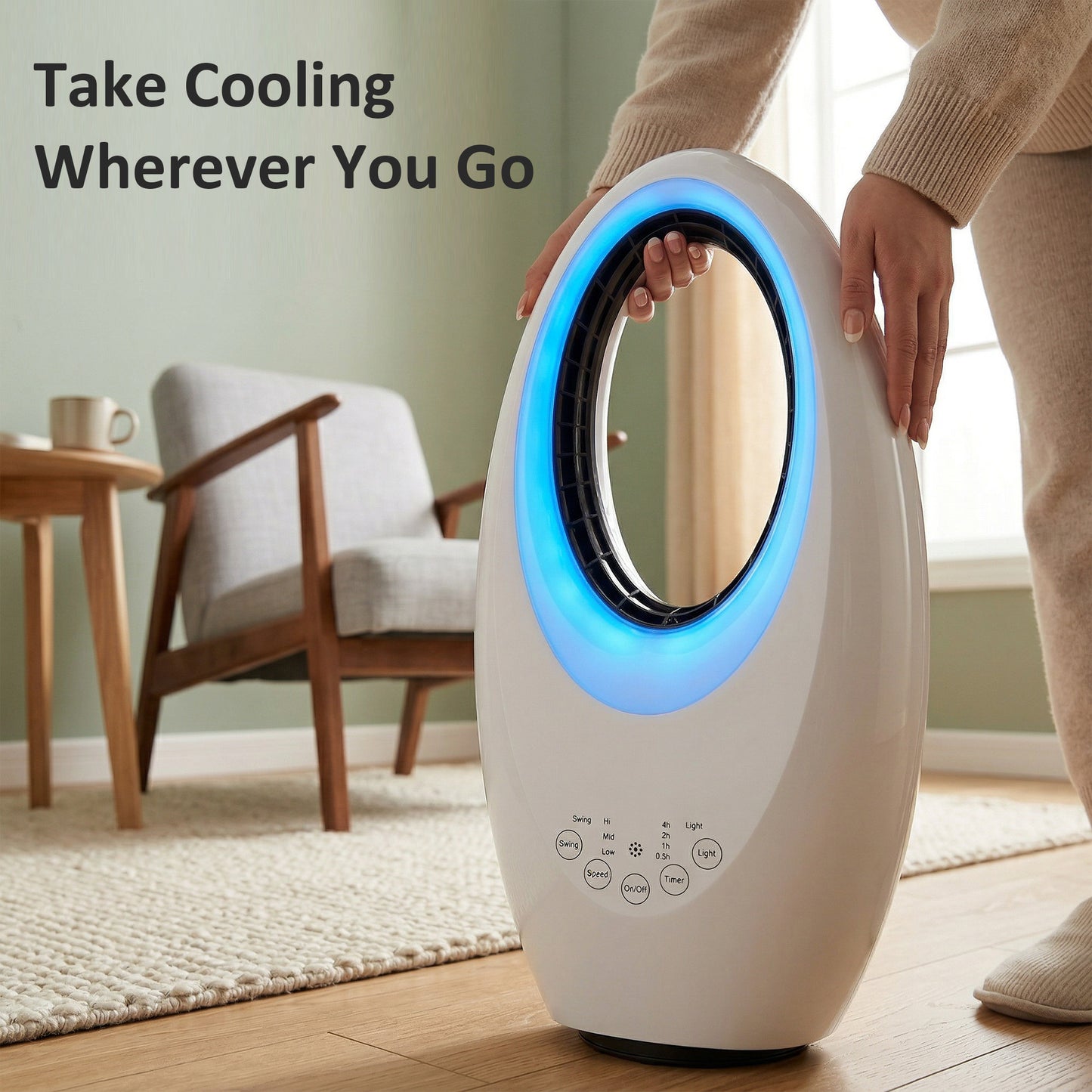 Bladeless Tower Fan | 36dB Quiet | 60° Oscillation | 4-Colour LED | 3 Speeds | 7.5hr Timer | Remote | White