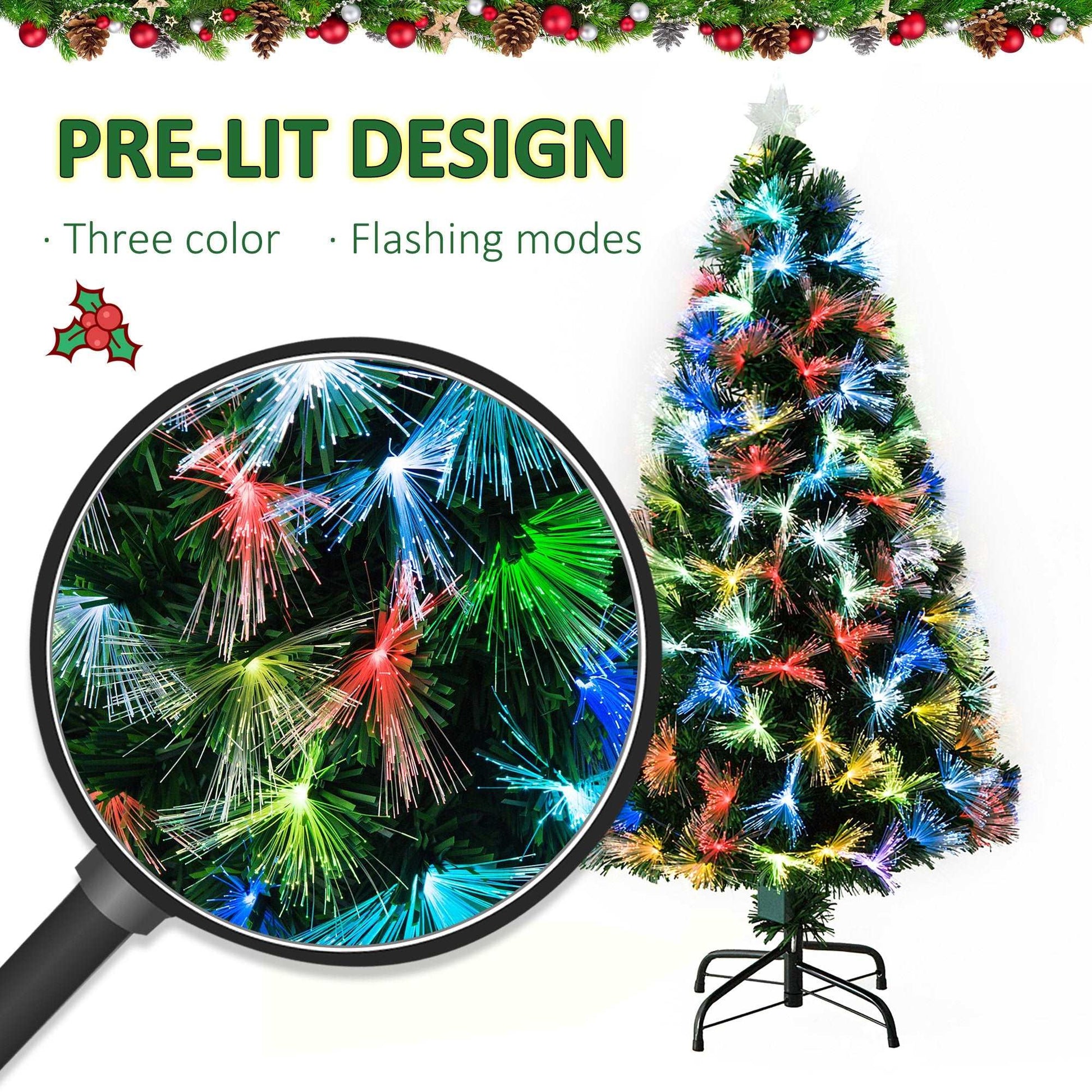 1.2m Tall Artificial Tree Fibre Optic Colourful LED Pre-Lit Holiday Home Christmas Decoration with Flash Mode, Green