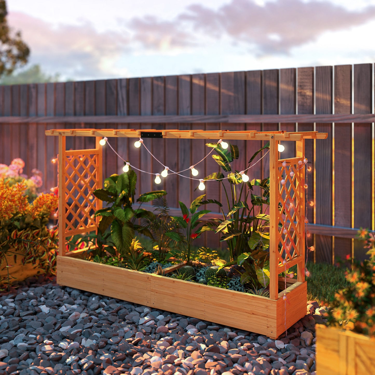 Wooden Raised Planter with Trellis & Hanging Roof Rails | Fir Wood | 2 Side Trellises | 8 Drainage Holes | 175x39cm Bed | 10kg Max | 200x44x113.5cm | Natural Wood Finish