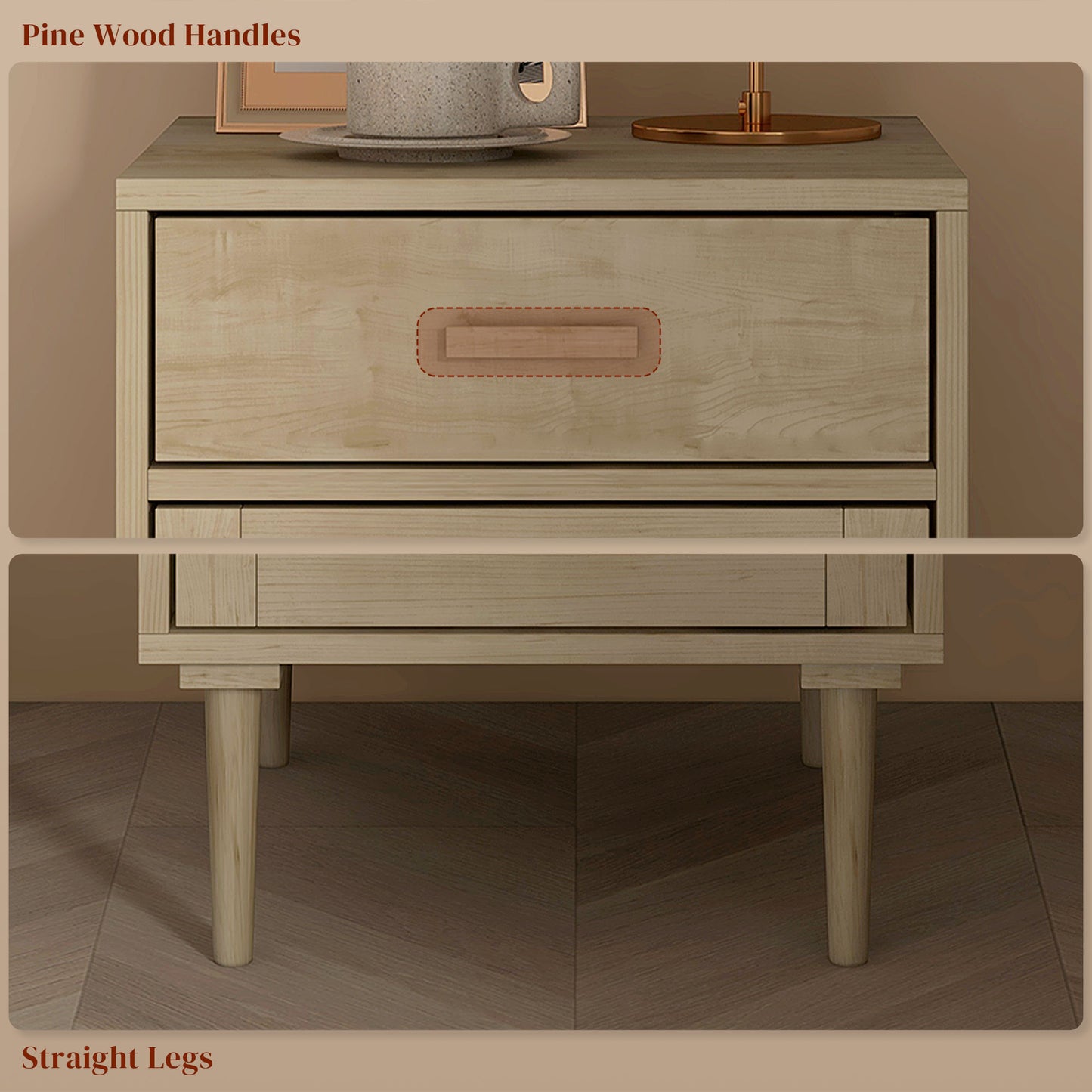 Bedside Table, Rattan Side Tables W/ Drawer, Cabinet And Adjustable Shelf,  Bedside Storage For Bedroom, Living Room, Natural Wood Effect