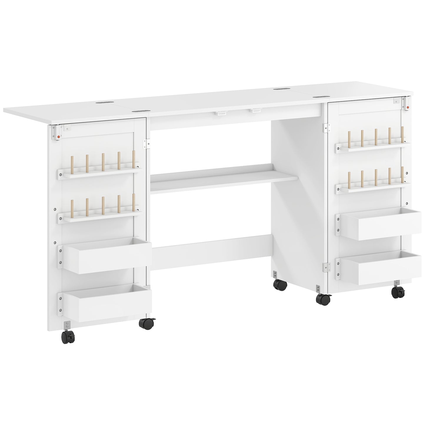 Folding Sewing & Craft Table | 20 Spool Pegs | 4 Storage Bins | Machine Shelf | 6 Wheels (4 Lockable) | 54kg | White