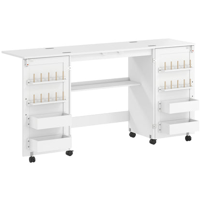 Folding Sewing & Craft Table | 20 Spool Pegs | 4 Storage Bins | Machine Shelf | 6 Wheels (4 Lockable) | 54kg | White