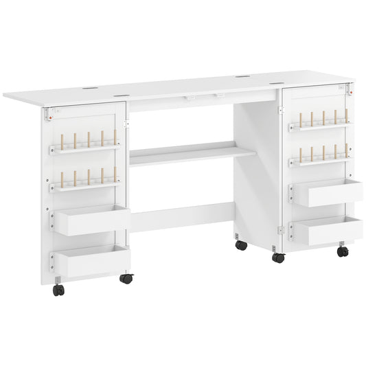 Folding Sewing & Craft Table | 20 Spool Pegs | 4 Storage Bins | Machine Shelf | 6 Wheels (4 Lockable) | 54kg | White