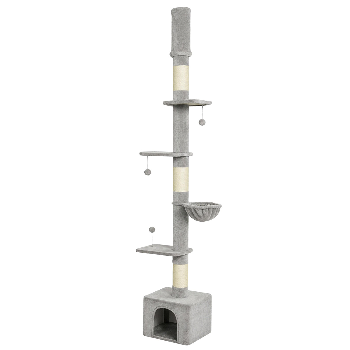 Light Grey Floor-to-Ceiling Cat Tree | Adjustable 230-250 cm Cat Tower with 6 Levels, Scratching Posts, Hammock, Condo & Toy Balls | Up to 5 kg