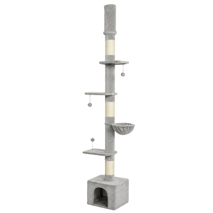 Light Grey Floor-to-Ceiling Cat Tree | Adjustable 230-250 cm Cat Tower with 6 Levels, Scratching Posts, Hammock, Condo & Toy Balls | Up to 5 kg