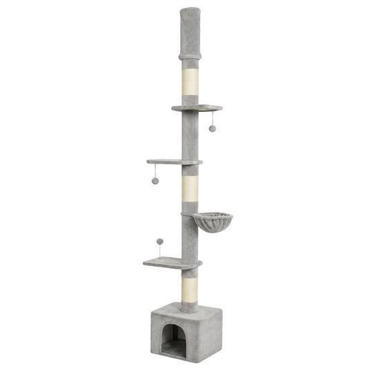 Light Grey Floor-to-Ceiling Cat Tree | Adjustable 230-250 cm Cat Tower with 6 Levels, Scratching Posts, Hammock, Condo & Toy Balls | Up to 5 kg