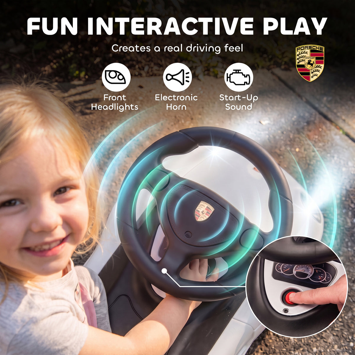Porsche Licensed Kids Ride-On Push Car | Headlights | Horn & Start-Up Sound | Steering Wheel | PP Body | 30kg | Ages 18-36 Months | 75cm+ | 63x28.5x38cm | White / Pink / Black