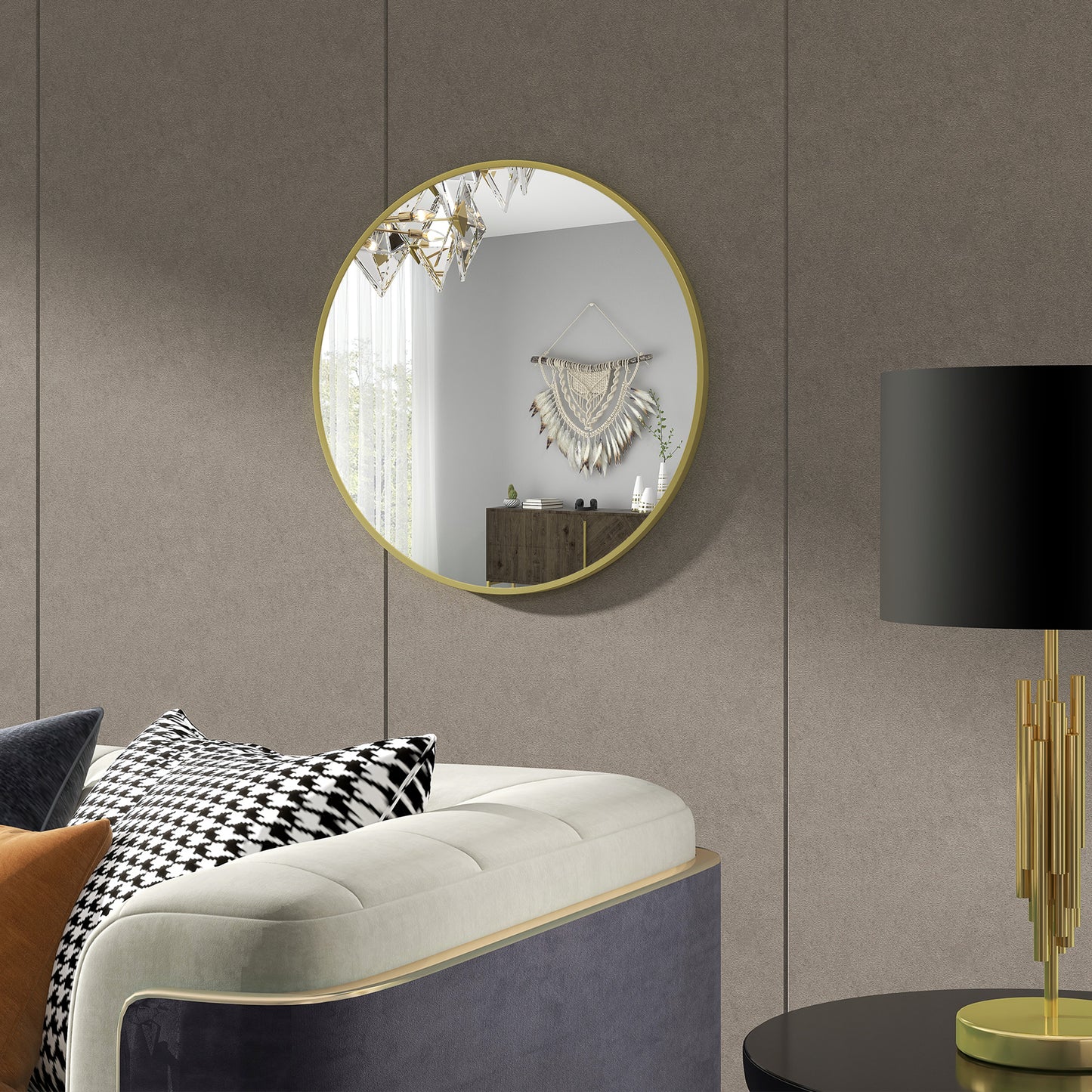 Round Bathroom Mirror, Modern Wall-mounted Vanity Mirror W/ Aluminium Frame, Easy Install Hook for Living Room, Entryway, 60 x 60cm, Gold Tone