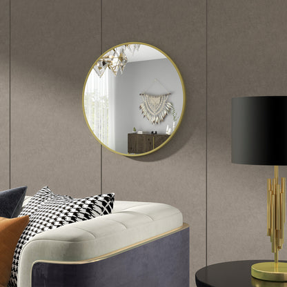 Round Bathroom Mirror, Modern Wall-mounted Vanity Mirror W/ Aluminium Frame, Easy Install Hook for Living Room, Entryway, 60 x 60cm, Gold Tone