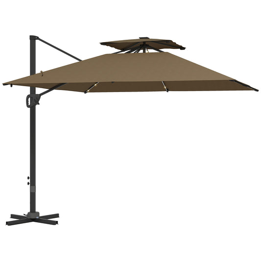 Outsunny 3.5x3 m Garden Cantilever Parasol with Solar LED Lights and Centre Light, Aluminium Large Square Patio Umbrella, UPF50+ Hanging Sun Shade with Cross Base