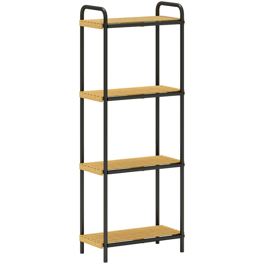 4-Tier Bamboo Bathroom Storage Shelf, Freestanding Narrow Shelving Unit with Slatted Shelves for Kitchen Bathroom Living Room, 41.5 x 21.5 x 106 cm, Natural and Black
