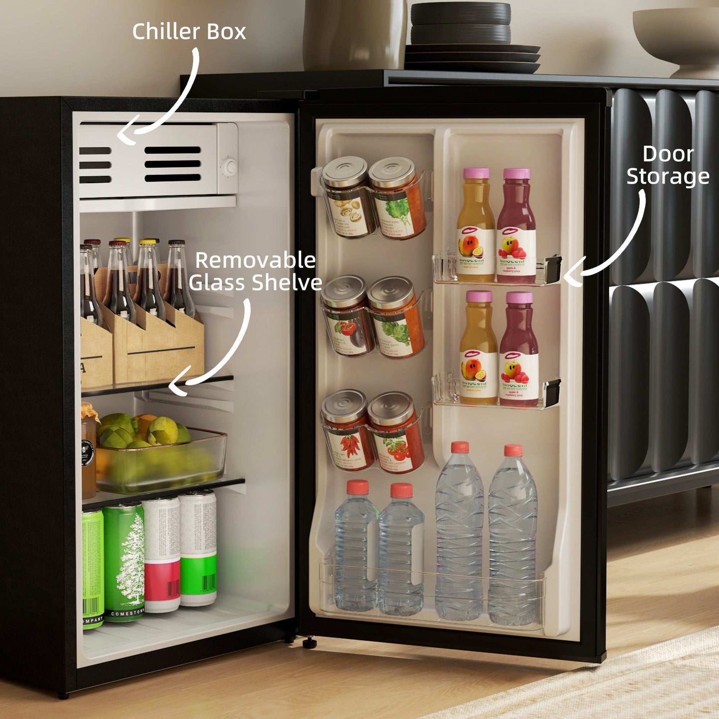 Under Counter Fridge, 85L Small Retro Vintage Style Refrigerator with Chiller Box, Adjustable Thermostat, Glass Shelves, Black