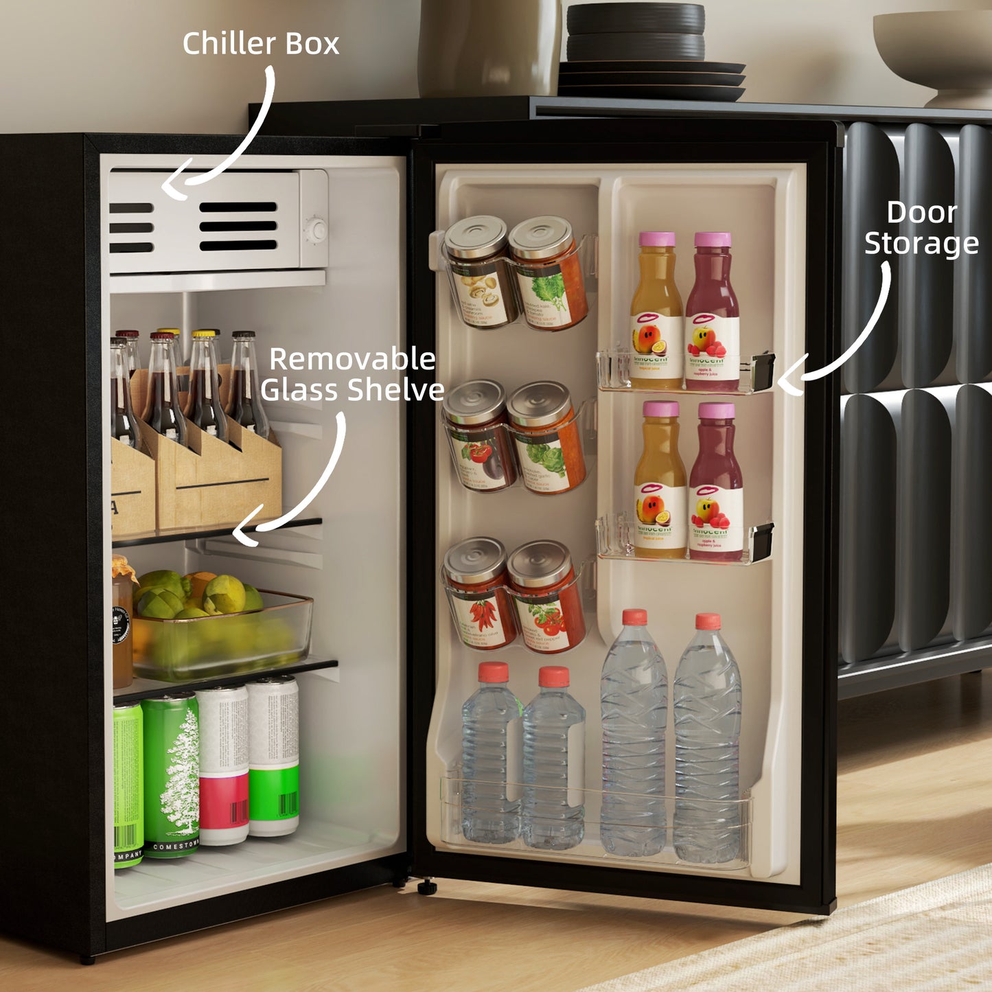 Under Counter Fridge, 85L Small Retro Vintage Style Refrigerator with Chiller Box, Adjustable Thermostat, Glass Shelves, Black
