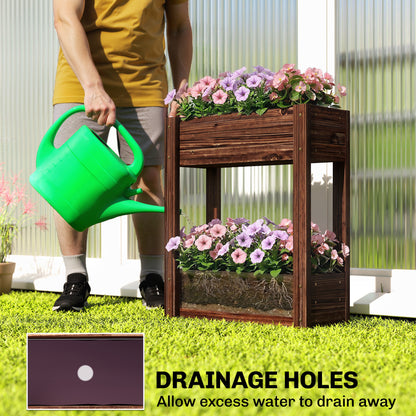 2-Tier Wooden Raised Planter, Raised Garden Bed on Legs with Drainage Holes and Bed Liner, Elevated Garden Planter