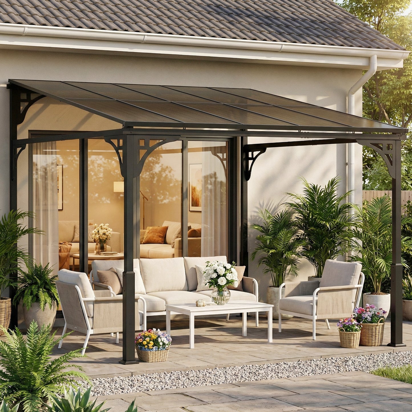 3x2.87m Wall Mounted Hardtop Lean-To Pergola | Polycarbonate Roof | Heavy-Duty Galvanised Frame | Reinforced Columns | Windproof Level 6 | Snow Load 5-10kg | All Hardware Included | Brown