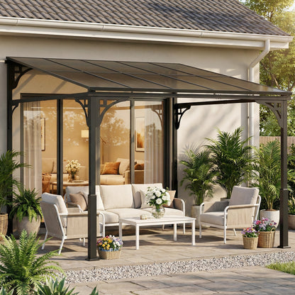 3x2.87m Wall Mounted Hardtop Lean-To Pergola | Polycarbonate Roof | Heavy-Duty Galvanised Frame | Reinforced Columns | Windproof Level 6 | Snow Load 5-10kg | All Hardware Included | Brown