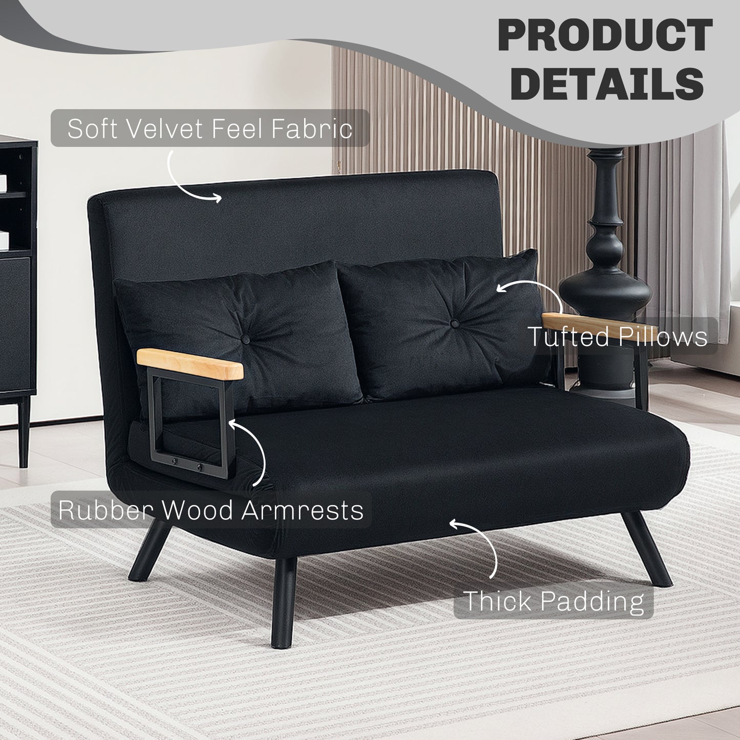 4-in-1 Velvet-Feel Double Sofa Bed, with Pillows - Black