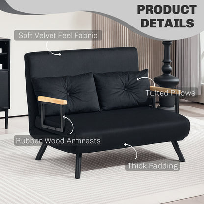 4-in-1 Velvet-Feel Double Sofa Bed, with Pillows - Black