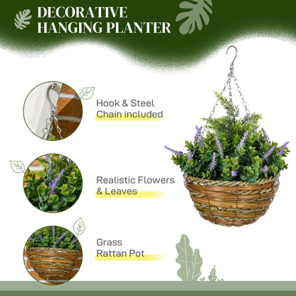 Outsunny 2 Piece Artificial Lisianthus Flower Hanging Planter with Basket for Indoor Outdoor Decoration, Purple