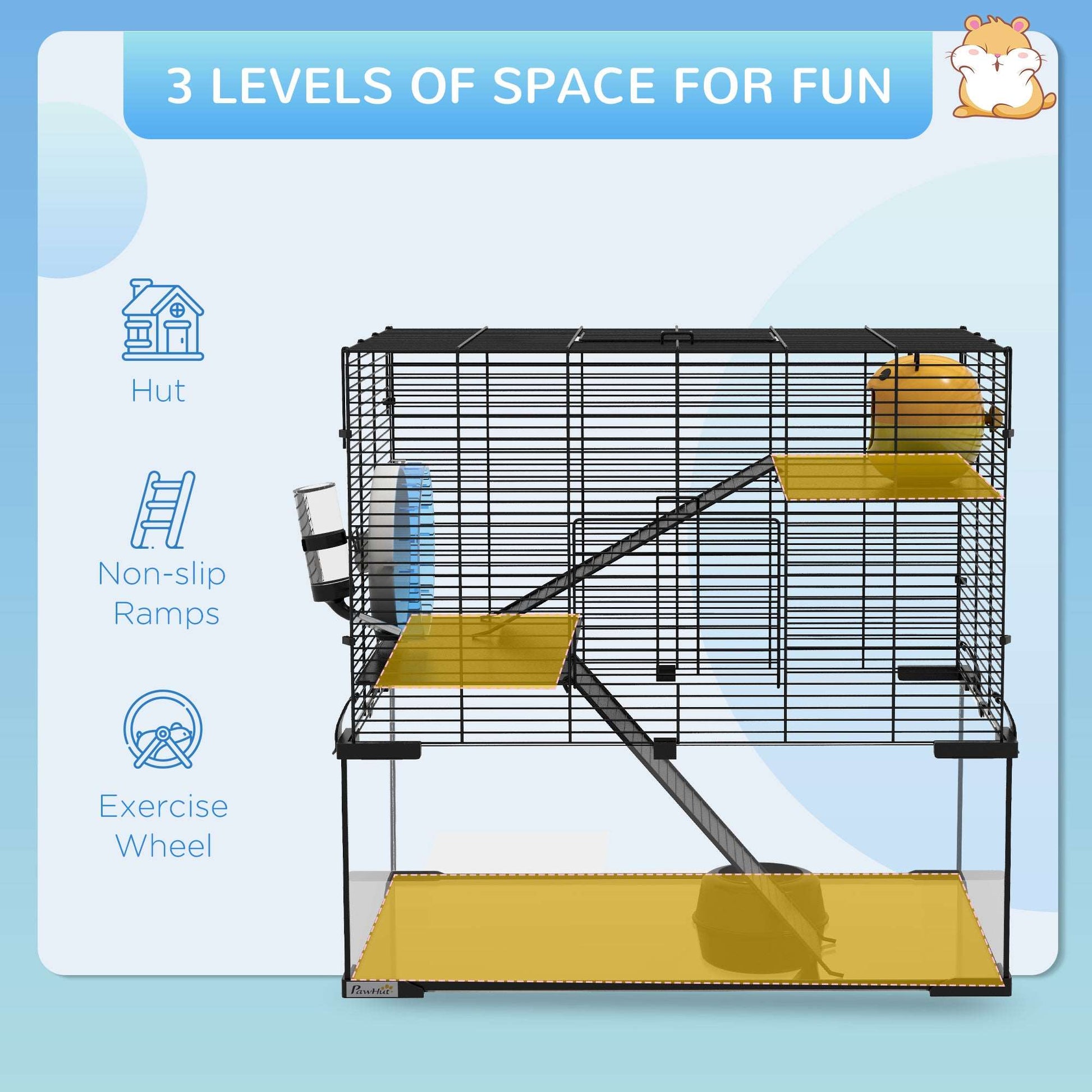 3 Tiers Hamster Cage, Gerbil Cage W/ Deep Glass Bottom, Non-Slip Ramps, Platforms, Hut Exercise Wheels Water Bottle for Syrian Dwarf Hamster