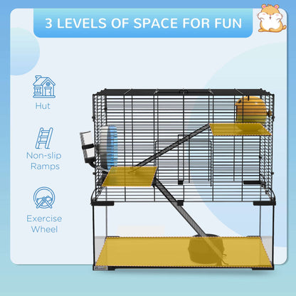 3 Tiers Hamster Cage, Gerbil Cage W/ Deep Glass Bottom, Non-Slip Ramps, Platforms, Hut Exercise Wheels Water Bottle for Syrian Dwarf Hamster