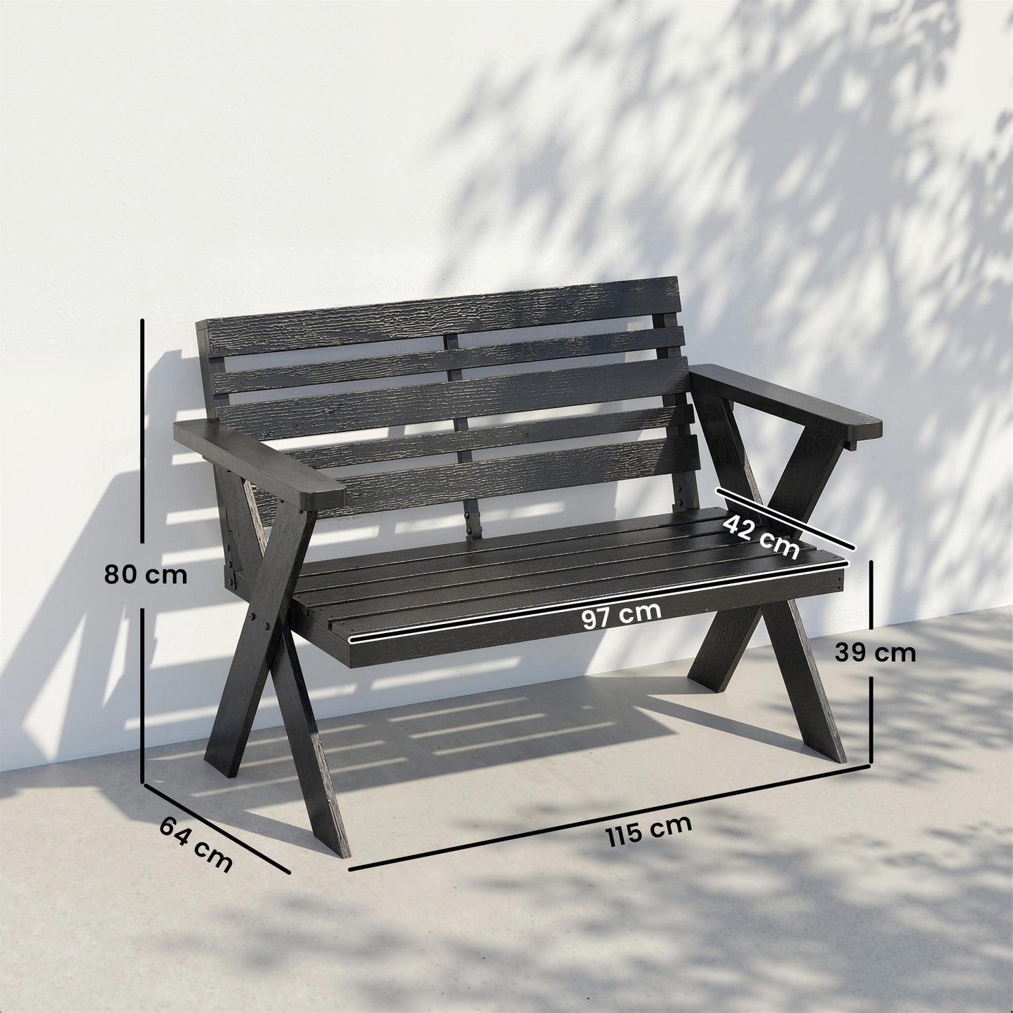 2-Seater Wooden Garden Bench | X-Frame Legs | Armrest & Backrest | 240kg | Fir Wood | Black
