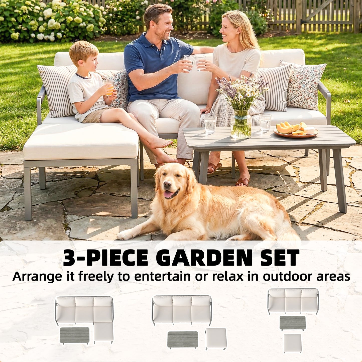 3-Piece Garden Sofa Set | 3-Seater Sofa, Footstool & Coffee Table | 10cm Cushions | 360kg | Grey