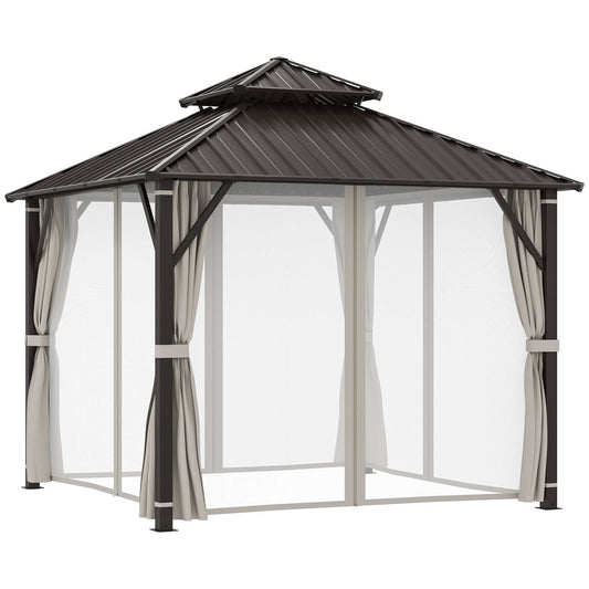 3 x 3(m) Hardtop Gazebo Canopy with Double Metal Roof, Waterproof Permanent Pavilion Garden Gazebo with Netting and Curtains