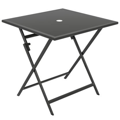 Folding Square Garden Dining Table | Tempered Glass Top | Parasol Hole | 70x70x70cm | Black