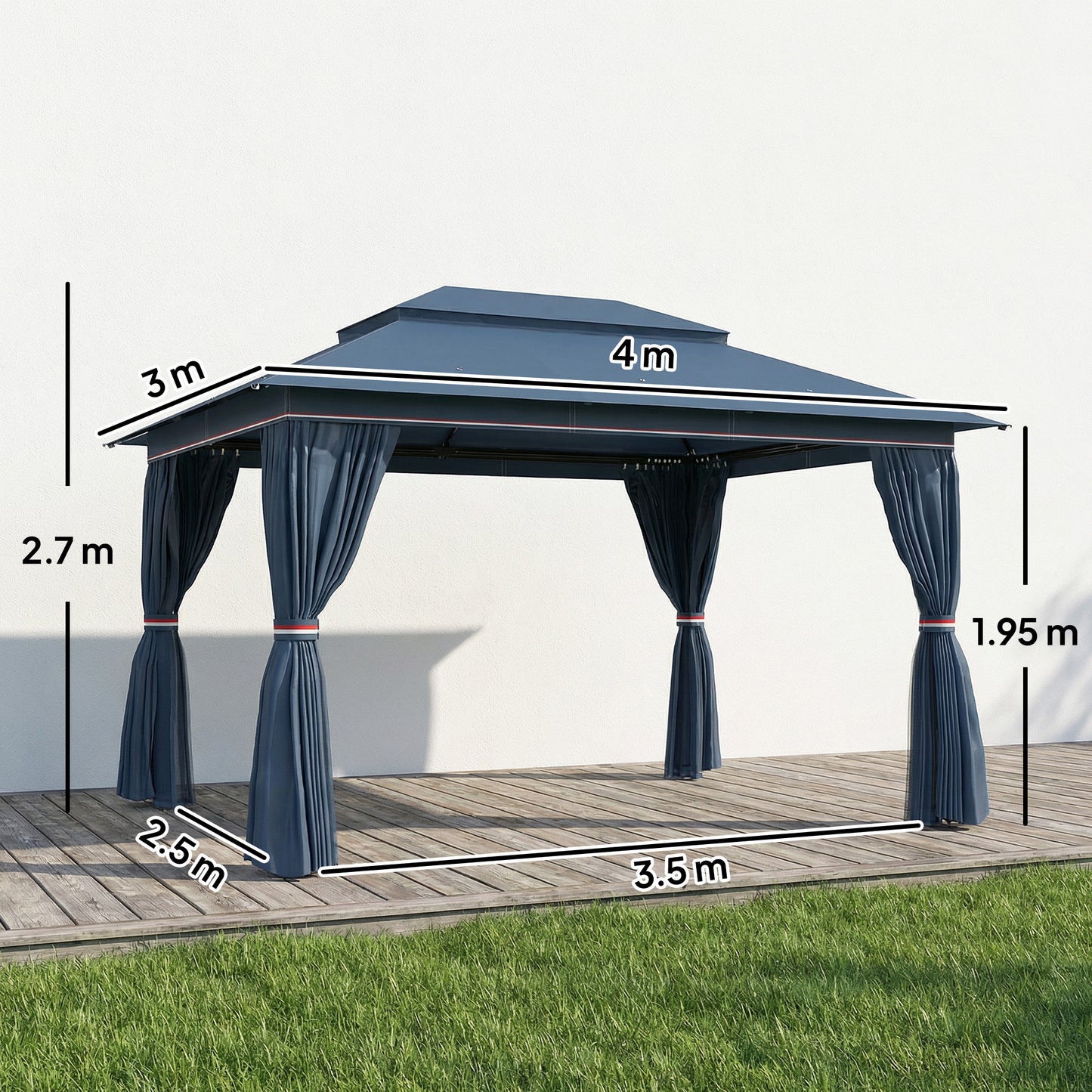 4x3m Permanent Garden Gazebo with Curtains & Netting | Double-Tier UPF50+ Roof | Drainage Holes | Powder-Coated Metal Frame | Expansion Screws | Ground Stakes | Guy Ropes | Dark Blue