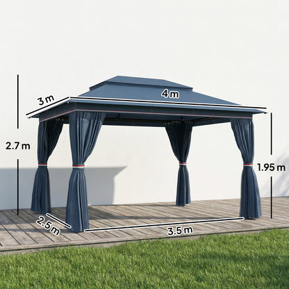 4x3m Permanent Garden Gazebo with Curtains & Netting | Double-Tier UPF50+ Roof | Drainage Holes | Powder-Coated Metal Frame | Expansion Screws | Ground Stakes | Guy Ropes | Dark Blue
