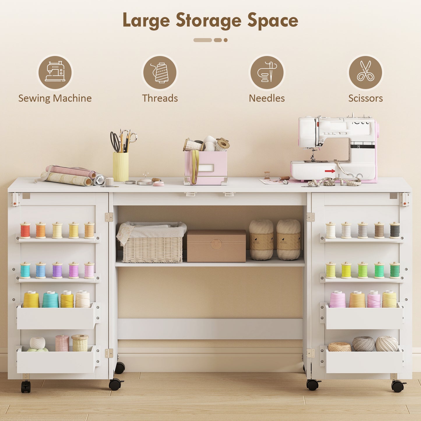 Folding Sewing & Craft Table | 20 Spool Pegs | 4 Storage Bins | Machine Shelf | 6 Wheels (4 Lockable) | 54kg | White