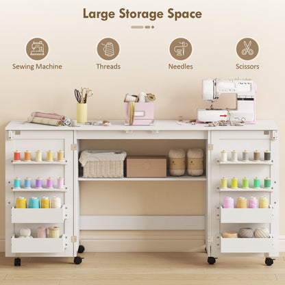 Folding Sewing & Craft Table | 20 Spool Pegs | 4 Storage Bins | Machine Shelf | 6 Wheels (4 Lockable) | 54kg | White