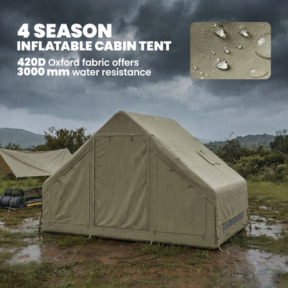 Outsunny Inflatable Camping Tent with Pump and Stove Jack Hole, Luxury Inflatable Tent with Mesh Windows, Doors, Olive Green