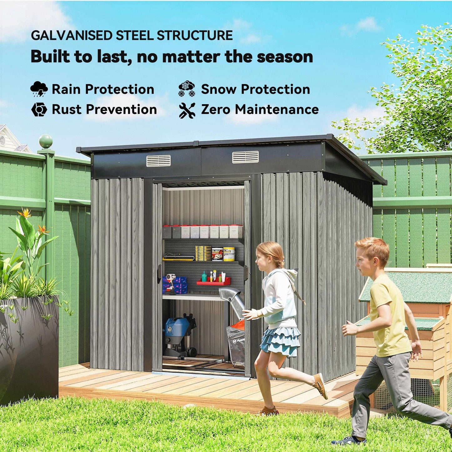 7x4ft Lean-To Metal Garden Shed | Corrugated Galvanised Steel | Sloped Roof | Sliding Door | 2 Front Vents | Foundation Kit Included | 203x130x182cm | Light Grey