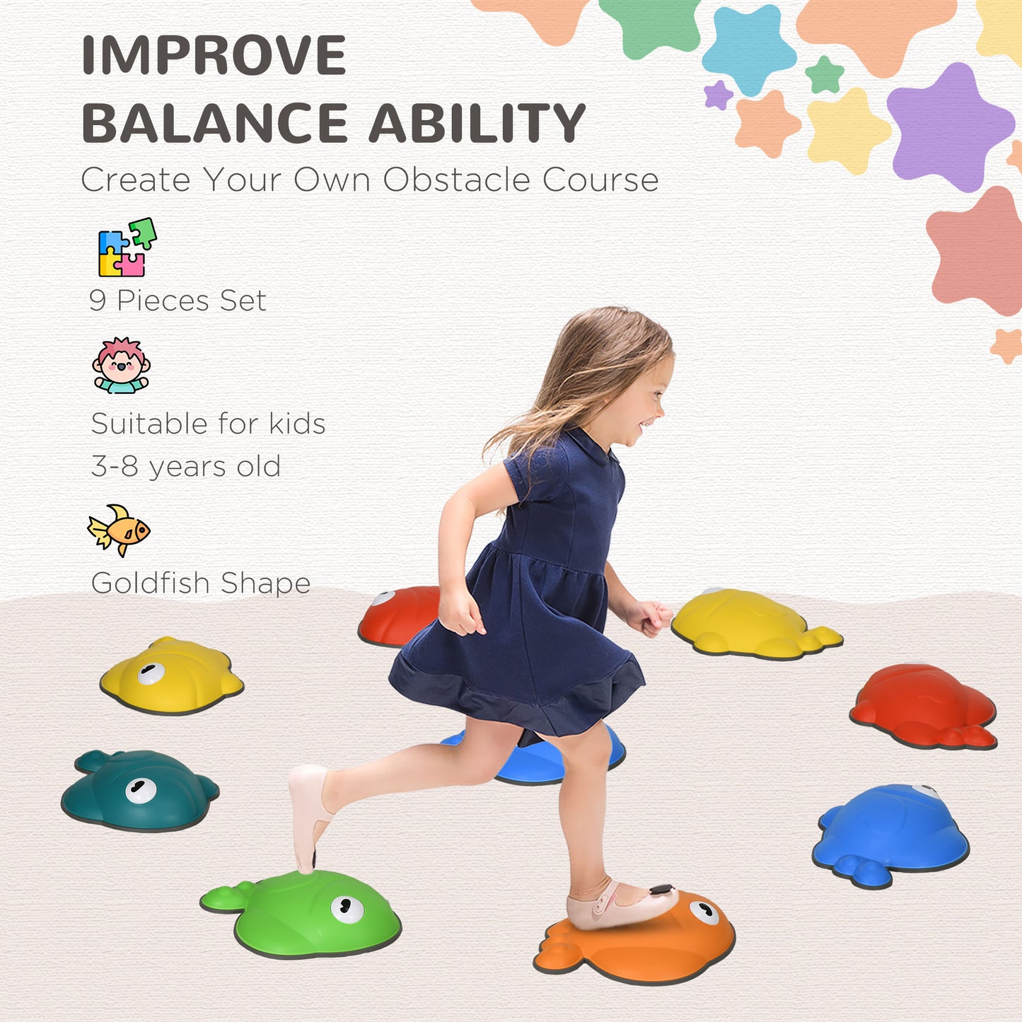 AIYAPLAY 9 Piece Balance Stepping Stones Kids for Sensory with Non-slip Edge, Stackable Outdoor Indoor Obstacle Course