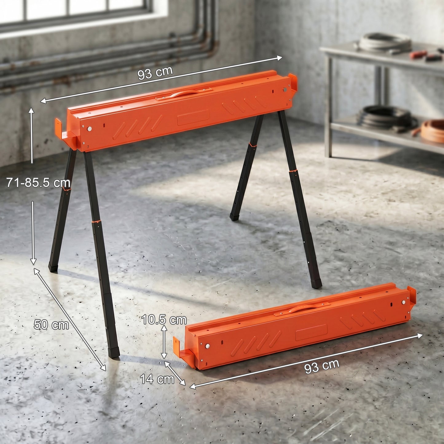 Folding Sawhorses Twin Pack | Height Adjustable 71–85.5cm | 500kg Capacity | 2x4 Bracket | Orange