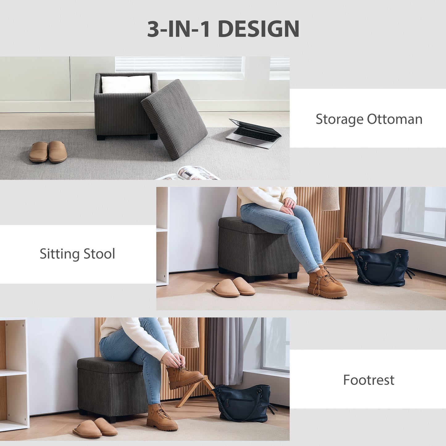 Storage Ottoman Bench, Corduroy Footstool with Removable Lid and Legs, 40cm Storage Chest Box for Living Room, Bedroom, Hallway, Grey