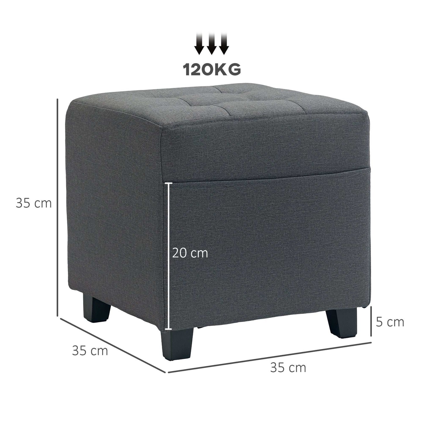 Square Footstool, Small Ottoman with Side Pocket, Linen Fabric Foot Stool W/ Rubber Wood Legs and Pad Seat for Living Room, 35 x 35 x 35cm, Grey