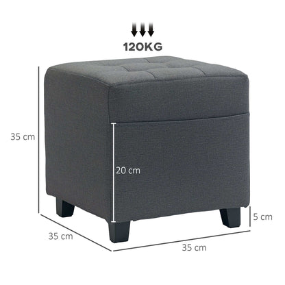 Square Footstool, Small Ottoman with Side Pocket, Linen Fabric Foot Stool W/ Rubber Wood Legs and Pad Seat for Living Room, 35 x 35 x 35cm, Grey