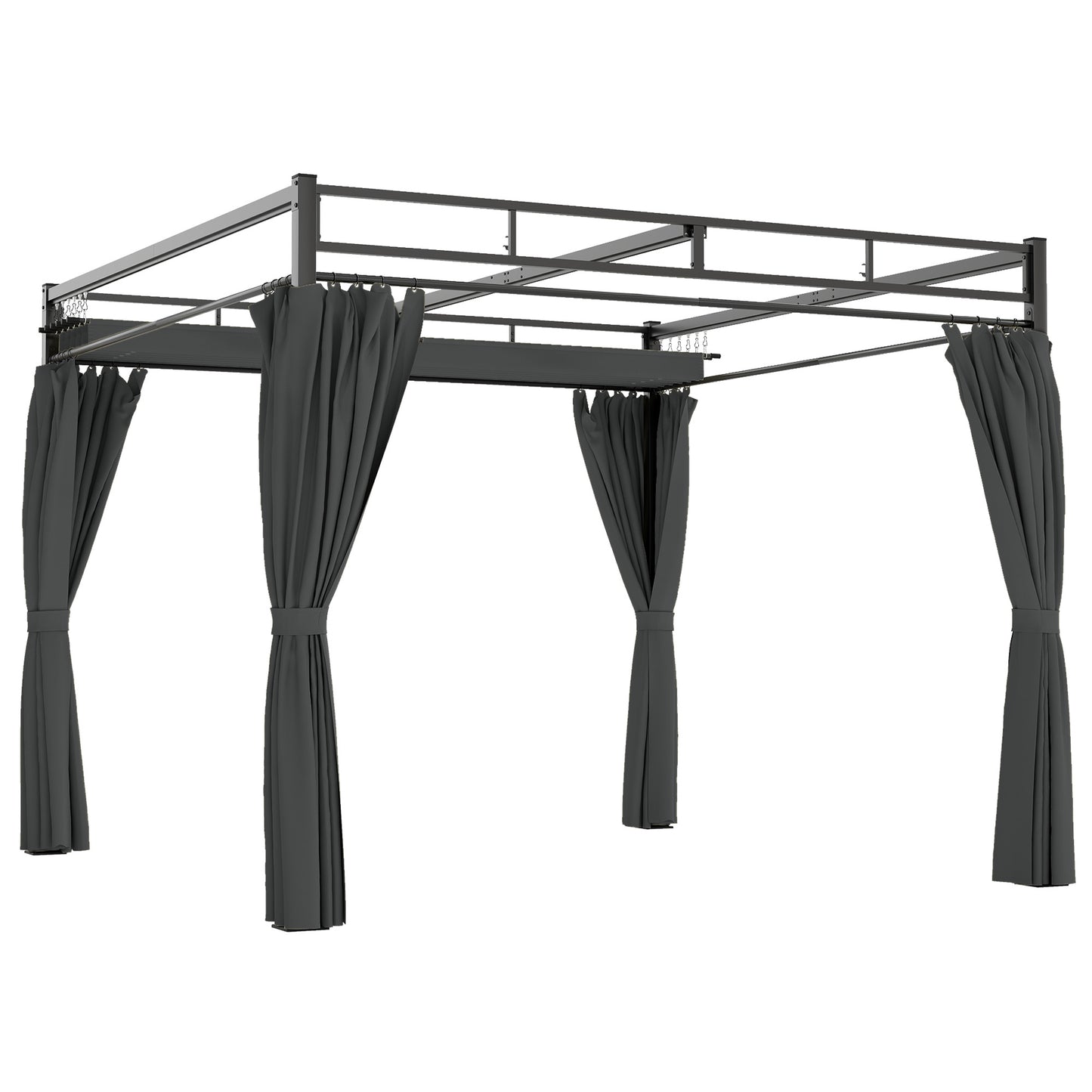 3 x 3 m Pergola with Retractable Roof Canopy and Curtains, UPF30+ Metal Frame Garden Pergola Gazebo Sun Shade, Dark Grey