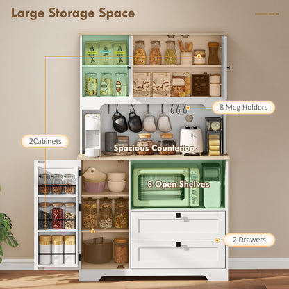 Freestanding Kitchen Cupboard | 2 Cabinets | 2 Drawers | 3 Door Racks | Adjustable Shelves | 8 Mug Holders | 106kg | White