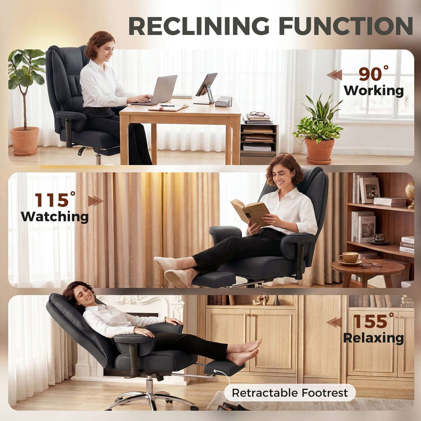 Ergonomic Executive Reclining Office Chair | 155° Recline | Retractable Footrest | Pocket Spring Seat | Pet-Friendly Faux Leather | Adjustable Armrests | SGS Gas Lift | 120kg | Black