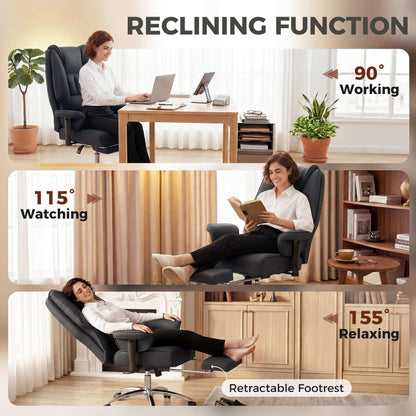 Ergonomic Executive Reclining Office Chair | 155° Recline | Retractable Footrest | Pocket Spring Seat | Pet-Friendly Faux Leather | Adjustable Armrests | SGS Gas Lift | 120kg | Black