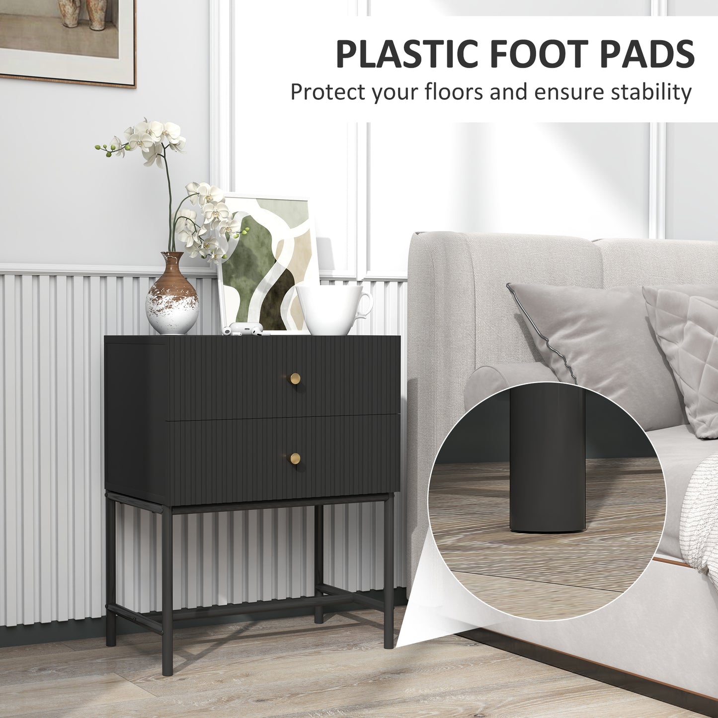 Set of 2 Bedside Tables | Ridged Drawers | Gold Handles | Metal Base | Black | 48x60cm