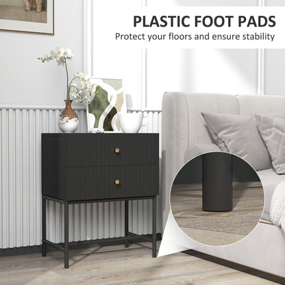 Set of 2 Bedside Tables | Ridged Drawers | Gold Handles | Metal Base | Black | 48x60cm