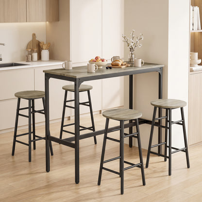5-Piece Industrial Bar Table & Stool Set | Grey Wood Effect MDF Tops | Powder-Coated Steel Frames | Table 105x40x90cm | 4x Stools Dia30x60cm | 120kg Stool 100kg Table | Adjustable Feet | Grey / Black
