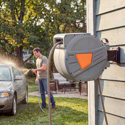 Wall Mounted Retractable Garden Hose Reel | 30+2m | Auto Retract & Self-Locking | 180° Swivel Bracket | Dual Spray Modes | 8 Bar Working Pressure | 57x23x39cm | Orange