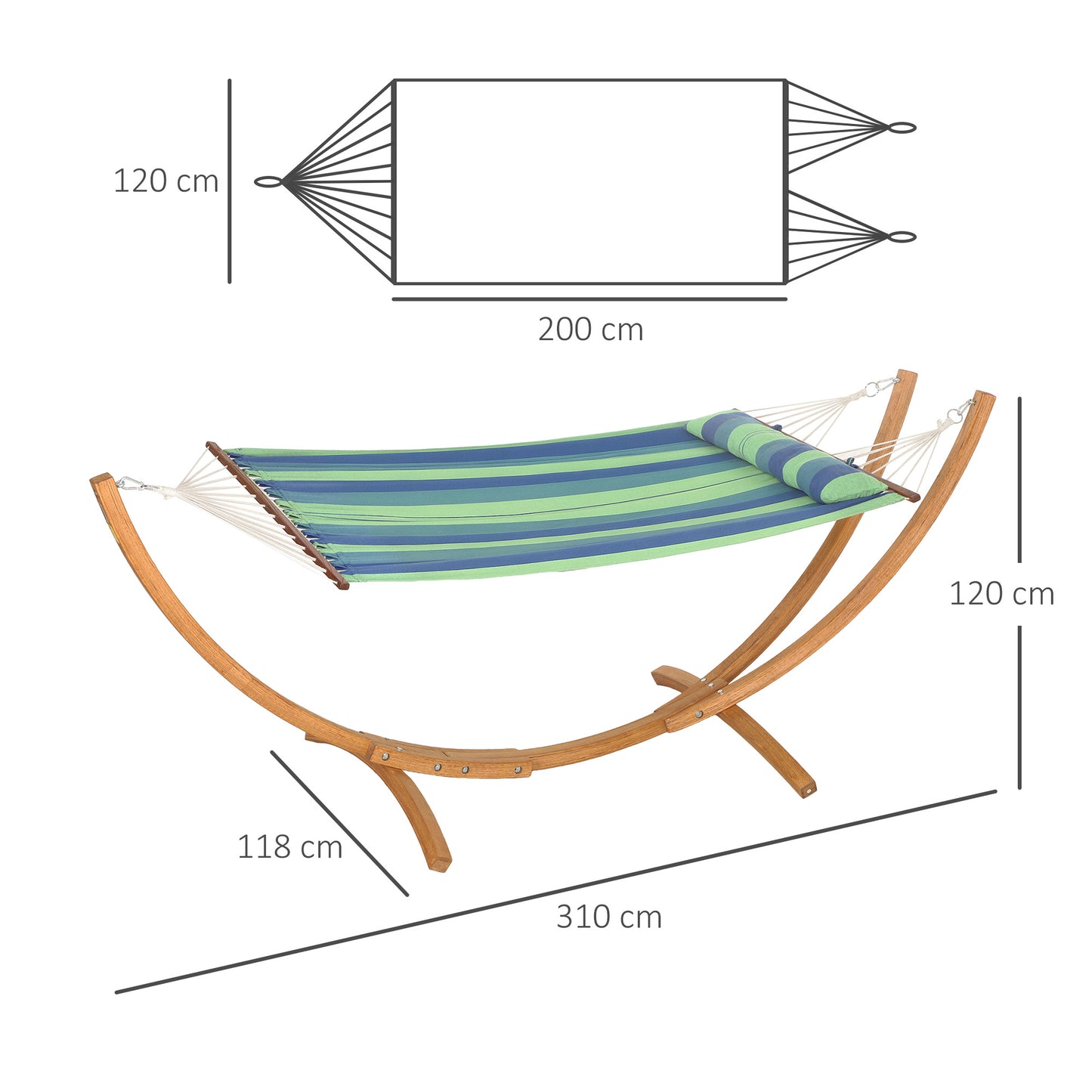Outdoor Hammock with Stand, Garden Hammock with Triple-Head Eucalyptus Wood Arc Frame, 1 Person Cotton Bed and Head Pillow, Freestanding Garden Swing