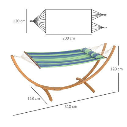 Outdoor Hammock with Stand, Garden Hammock with Triple-Head Eucalyptus Wood Arc Frame, 1 Person Cotton Bed and Head Pillow, Freestanding Garden Swing